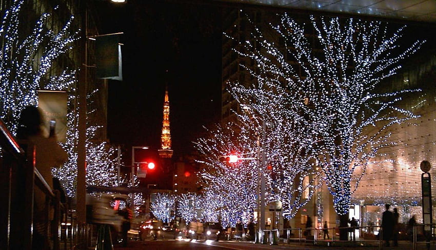 Japonya'da noel sahneleri. Arka Plan: Noel Sokağı Sahnesi. Açık hava noel ışıkları, Açık hava noeli, Noel ışıkları ve Tokyo Noeli HD duvar kağıdı