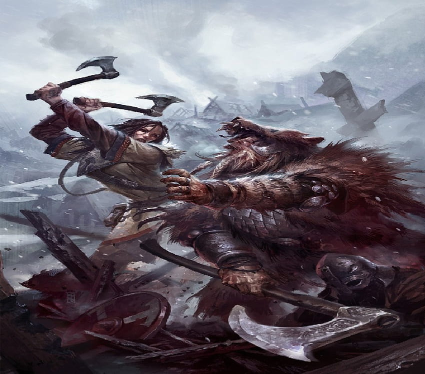 バイキングの戦い、熊の皮、斧、男、女、村 高画質の壁紙