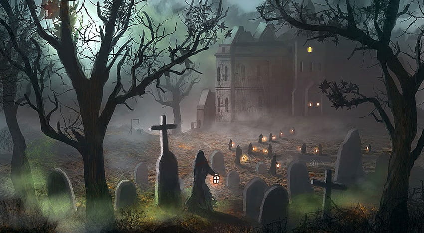 Призрачен фон за Хелоуин, обитавано от духове гробище HD тапет