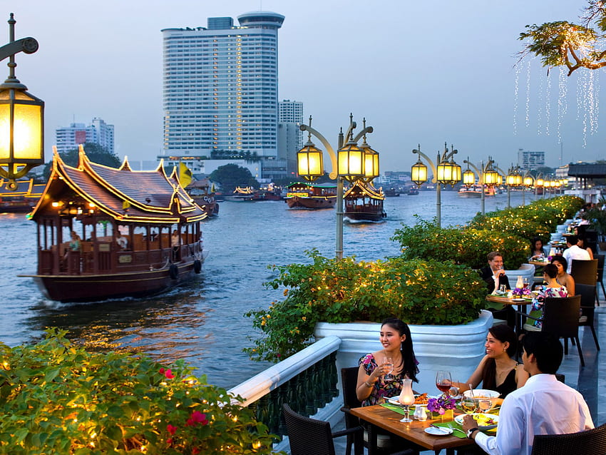 Oriental Bangkok City In Thailand Dinner Riverside Terrace Restaurant On The Seashore Lanterns Boats Promenade HD wallpaper