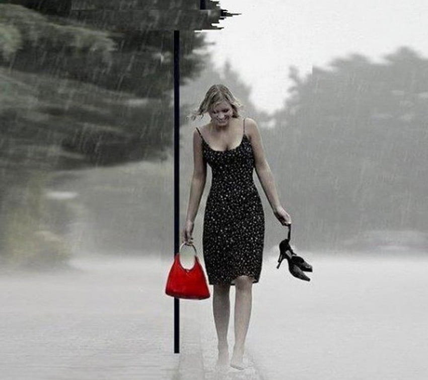 I love barefoot in the rain, rain, smile, handbag, street, girl HD wallpaper
