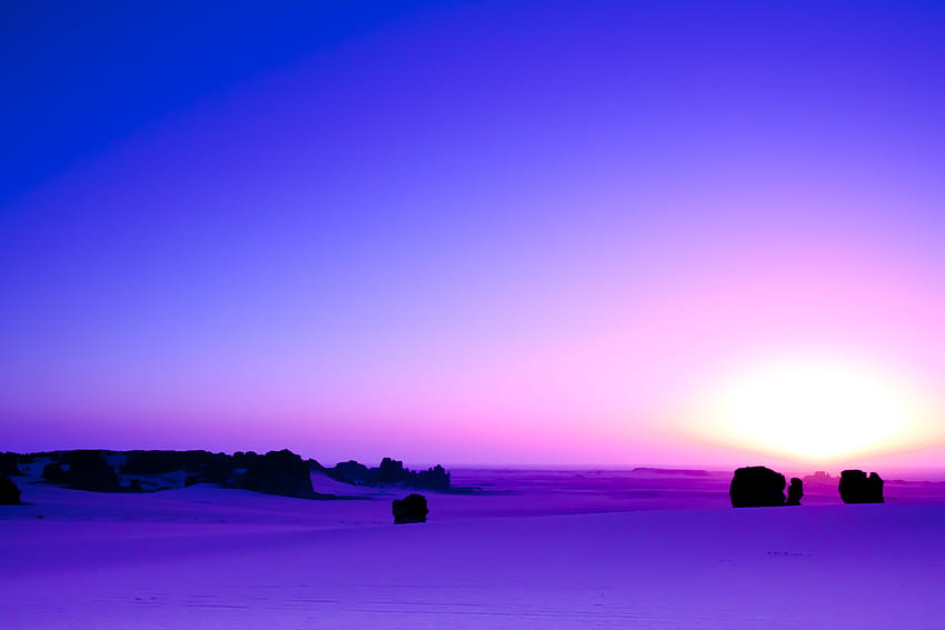 Violet, coucher de soleil, ligne d'horizon, désert, paysage Fond d'écran HD