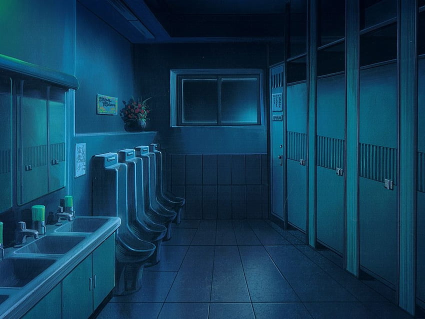 Cenário de anime: banheiro público masculino à noite (fundo de anime), banheiro de anime papel de parede HD