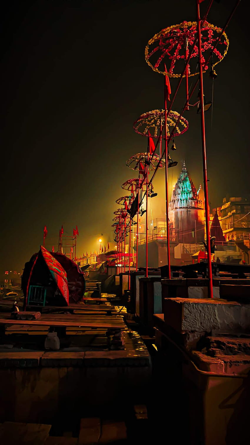 Ghat Z Gangesu, Noc, Ganga, Varanasi Tapeta na telefon HD