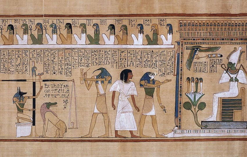 描画、書き込み、羊皮紙、象形文字、古代エジプト、オシリスの前での死者の裁き、セクション 高画質の壁紙