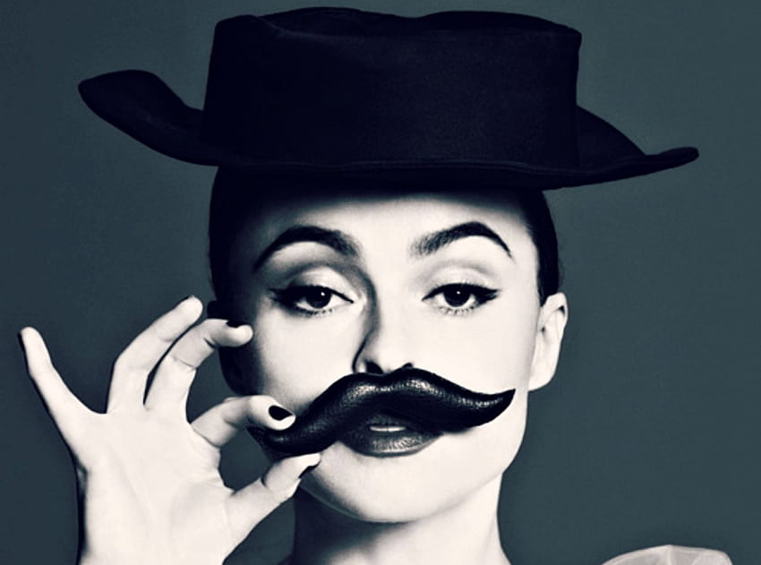 Helena Bonham Carter, blue, white, black, girl, actress, woman, funny, hat, mustache HD wallpaper