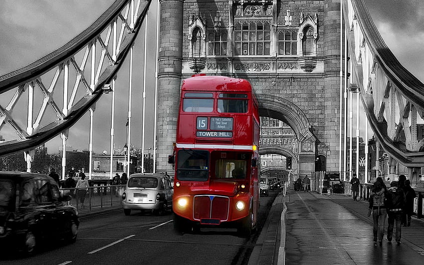 vintage doppeldeckerbus in london auf der tower bridge, brücke, bus, vintage, rot HD-Hintergrundbild