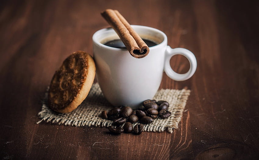 Café de inverno, inverno, biscoito, grãos de café, café, biscoito, canela, quente, xícara papel de parede HD