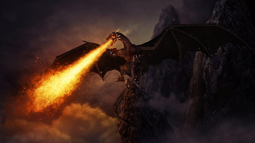 Black Dragon Fire Rock - Black Dragon Breathing Fire - HD wallpaper