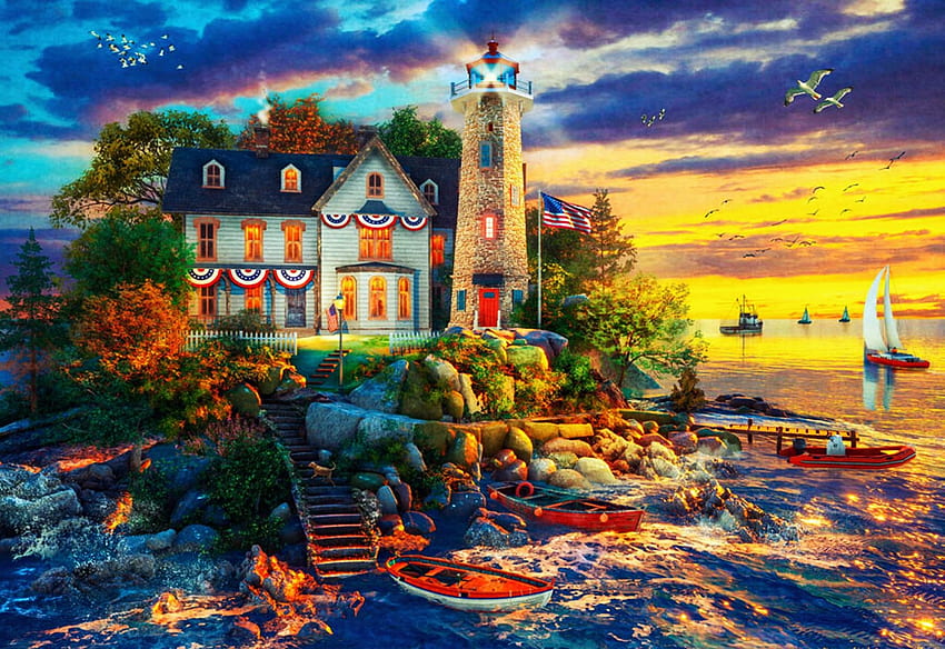 Rock Island Lighthouse, artwork, sea, digital, clouds, colors, cottage, sky HD wallpaper