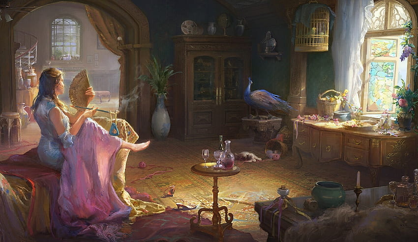 Peacock in the Room, digital, art, fantasy, , peacock, girl, indoor, woman, beautiful HD wallpaper