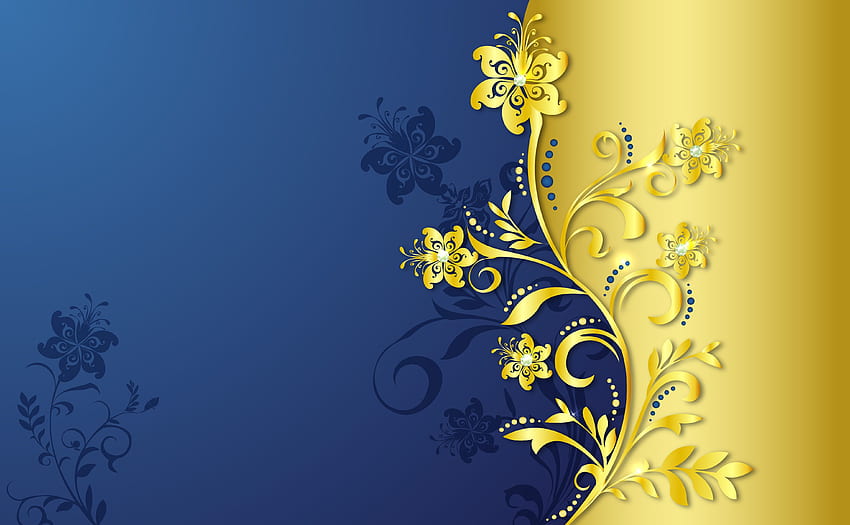 青の背景に金のパターン。 ゴールドパターン、ブルー 高画質の壁紙