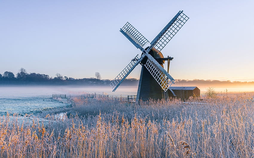 Herringfleet Windmill, Inglaterra, névoa, Inglaterra, moinho de vento, grama papel de parede HD