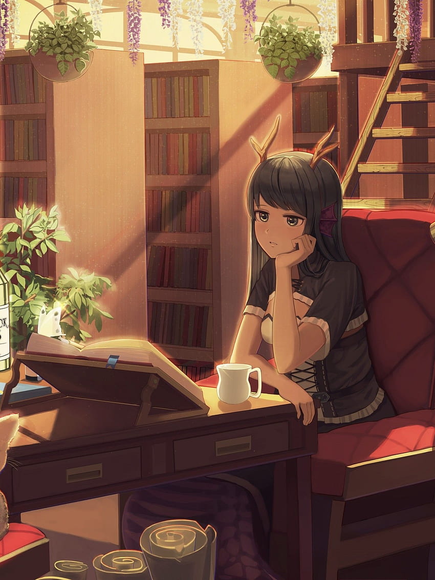 Anime Girl, Horns, Neko, Room, Books, Library, Anime Study HD phone wallpaper