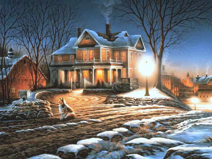 Światła domu, zima, noc, pies, miasto, domy, urok, zagroda, colie, tradycje, ciepło, droga, stodoła, lampy, zimno, kraj, rodzina, Boże Narodzenie, światła, czekanie, ulica, komin, dym, ciężarówka, dom Tapeta HD