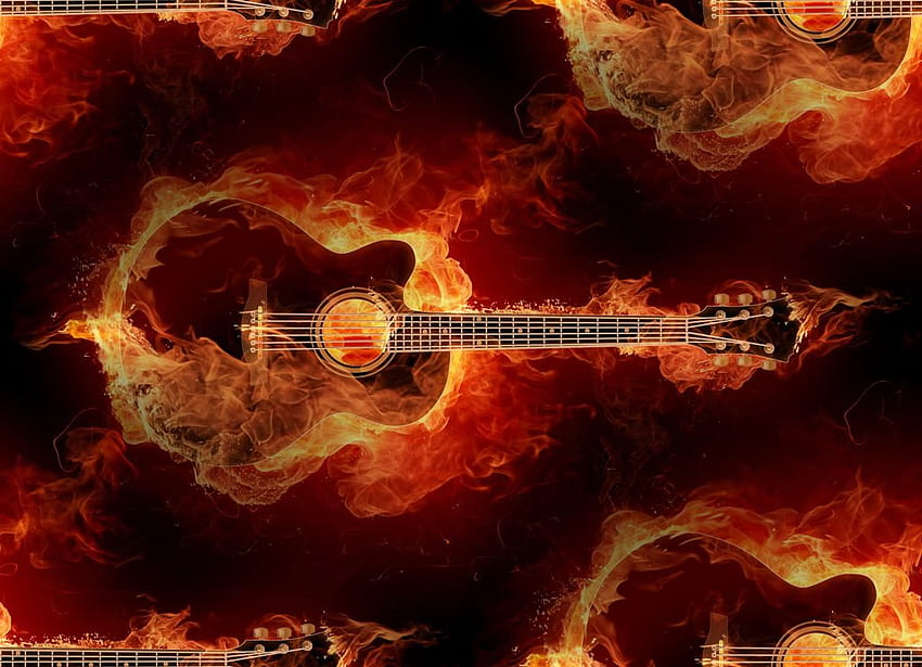 Fire at guitar, folk music, guitars, black, hot, country, rock, pop, music, red, fire papel de parede HD