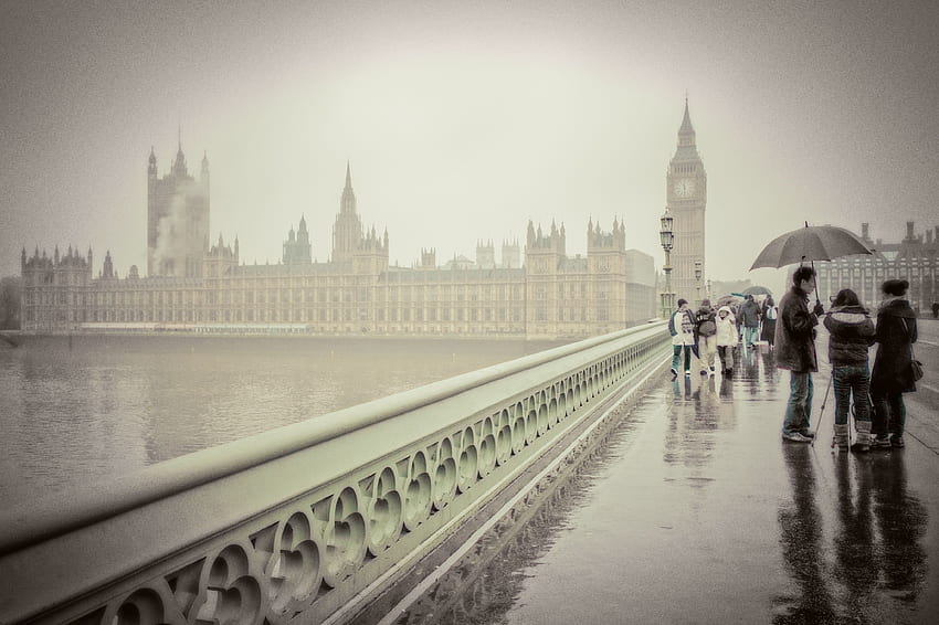 Big Ben, most, Londyn, parasol, ludzie, deszcz Miasto Tapeta HD