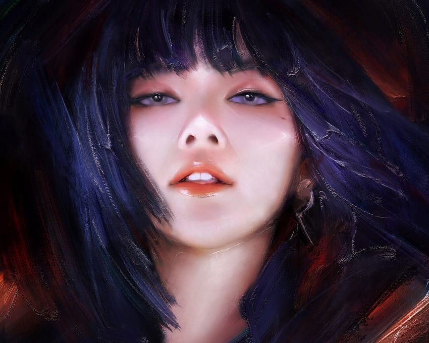Girl, blue, tian zi, art, fantasy, portrait, face, hair, dark HD wallpaper