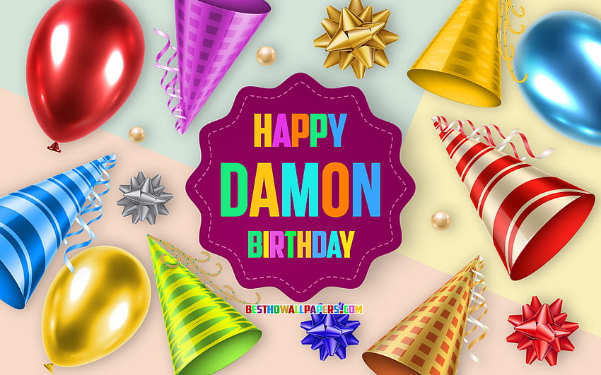 Happy Birtay Damon, , Birtay Balloon Background, Damon, arte criativa, Happy Damon birtay, laços de seda, Damon Birtay, Birtay Party Background papel de parede HD