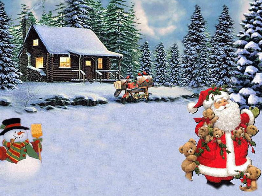 Papá Noel viene, invierno, azul, muñeco de nieve, feriado, nieve, navidad, santa, árbol fondo de pantalla