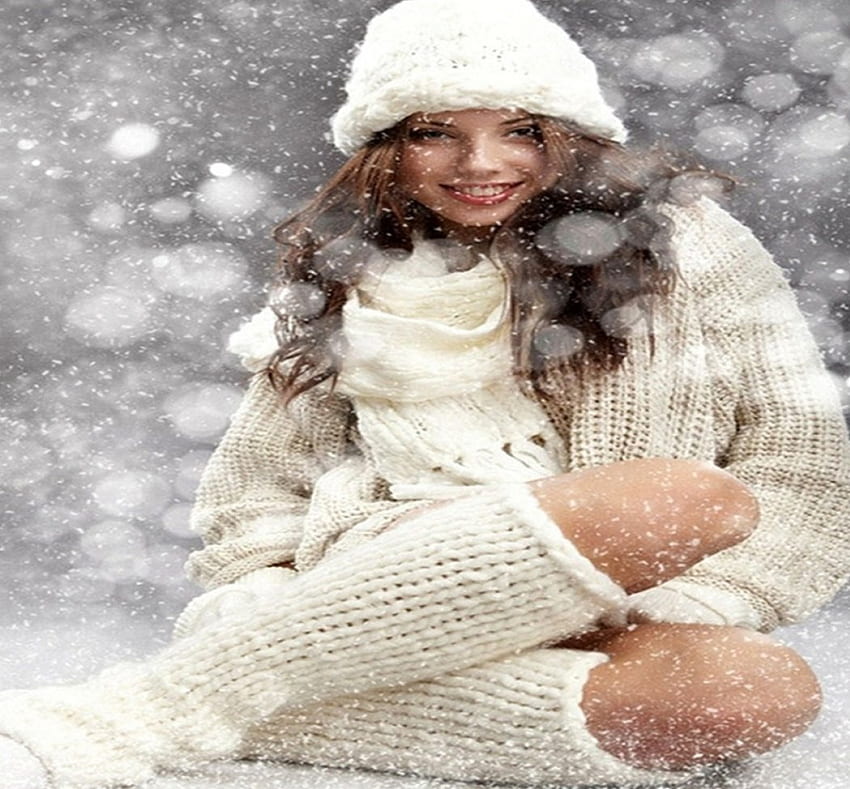 Ragazza in bianco neve, bianco, neve, freddo, sciarpa, berretto, donna Sfondo HD