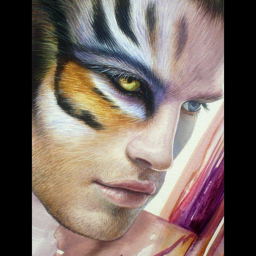 Detail Transformation, tiger, man, face, digital art, transformation, eye HD wallpaper
