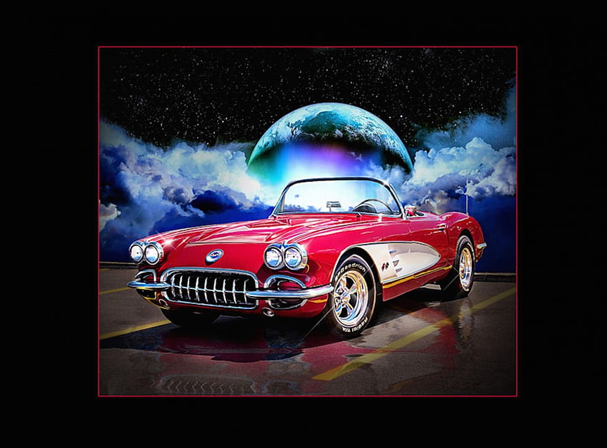 1960 Chevy Corvette, moon, car, clouds, chevy, corvette, reflections HD wallpaper
