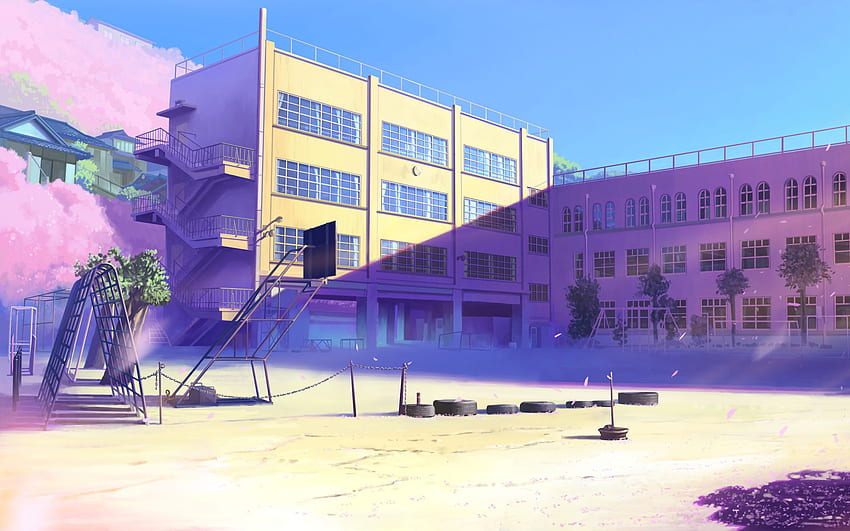 construção de parque de flores de cerejeira cênica, cenário de escola de anime papel de parede HD