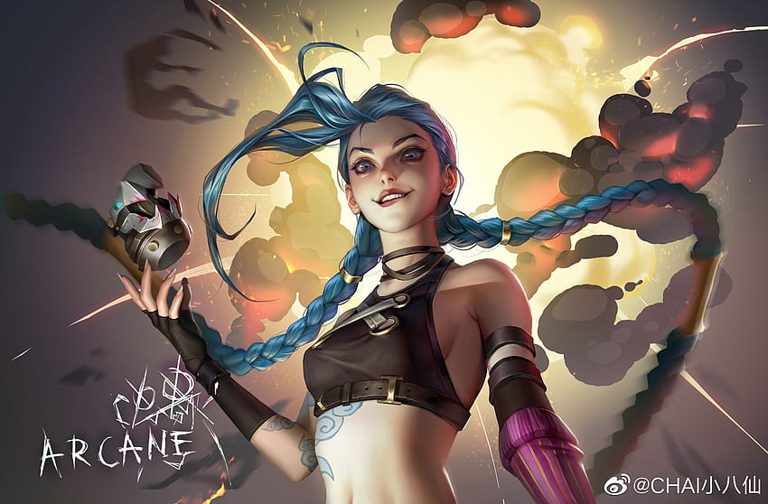 Jinx with bomb, wink, League of Legends, Arcane HD wallpaper
