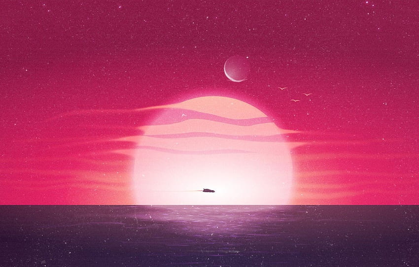 Sunset, The sun, The ocean, Sea, Music, Machine, Style, Background, Style, Fiction, Neon, Illustration, Science Fiction, Cyberpunk, Synth, Environments for , раздел минимализъм, Neon Lofi HD тапет