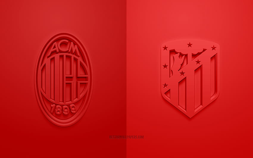 AC Milan vs Atletico Madrid, 2021, UEFA Champions League, Group B, 3D logos, red background, Champions League, football match, 2021 Champions League, AC Milan, Atletico Madrid HD wallpaper