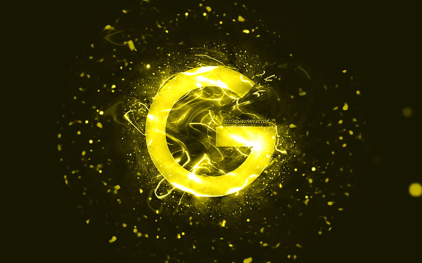 Google の黄色のロゴ、黄色のネオン ライト、クリエイティブ、黄色の抽象的な背景、Google のロゴ、ブランド、Google 高画質の壁紙