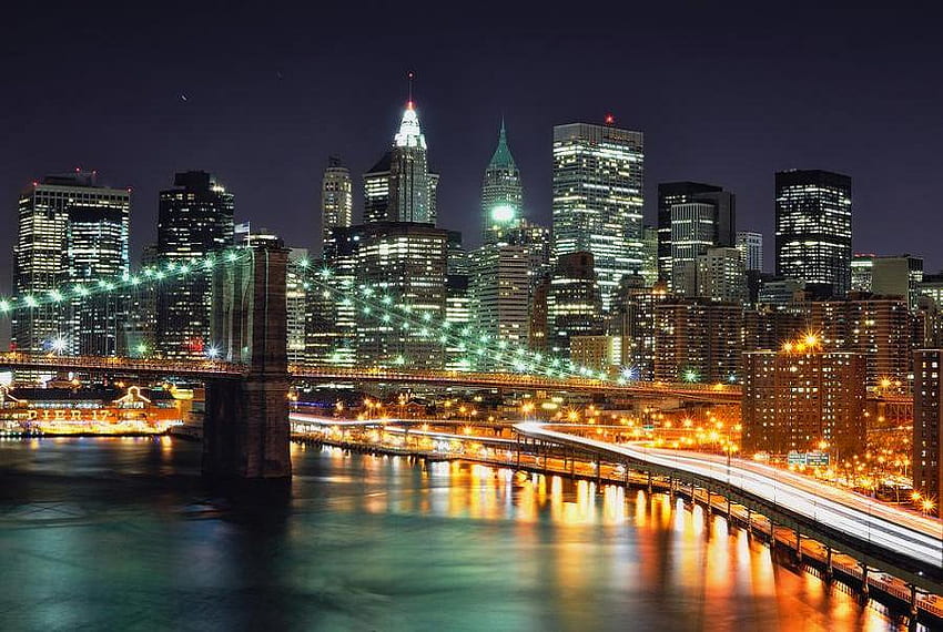 Malam manhatten, manhatten, kota, bangunan, pencakar langit, lampu, jembatan, amerika, air, langit gelap Wallpaper HD