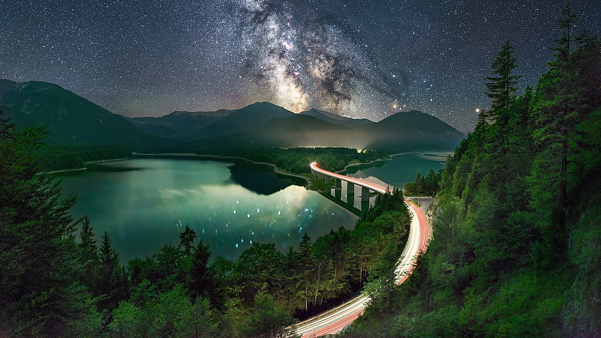 Milky way, road, long exposure, lake, night HD wallpaper