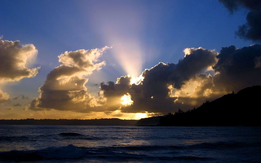 Natura, zachód słońca, niebo, morze, słońce, chmury, horyzont, połysk, światło, wieczór Tapeta HD