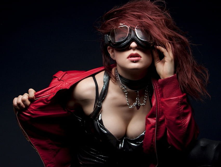 Adjusted Vision, black, model, collar, beauty, fashion, goggles, red, redhead, female HD wallpaper