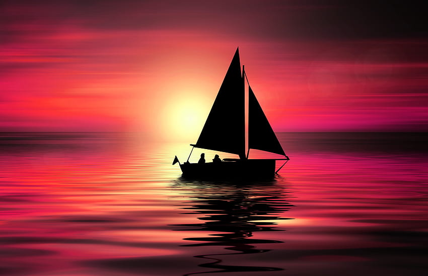Karya seni, perahu layar, matahari terbenam, siluet Wallpaper HD