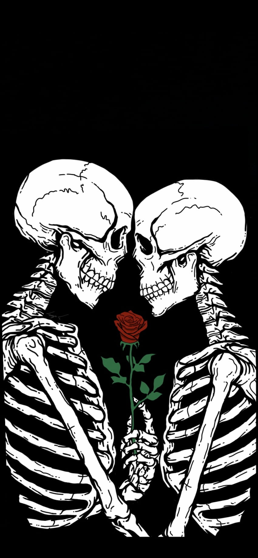 Aż umarli nas nie rozłączą, miłość, romans, szkielet, para, śmierć, rysunek, róża Tapeta na telefon HD