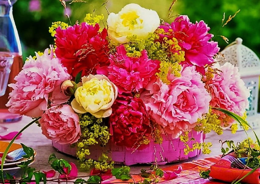 Precious Pink and Yellow Centerpiece, still life, colorful, table, pink, centerpiece, yellow, nature, flowers HD wallpaper