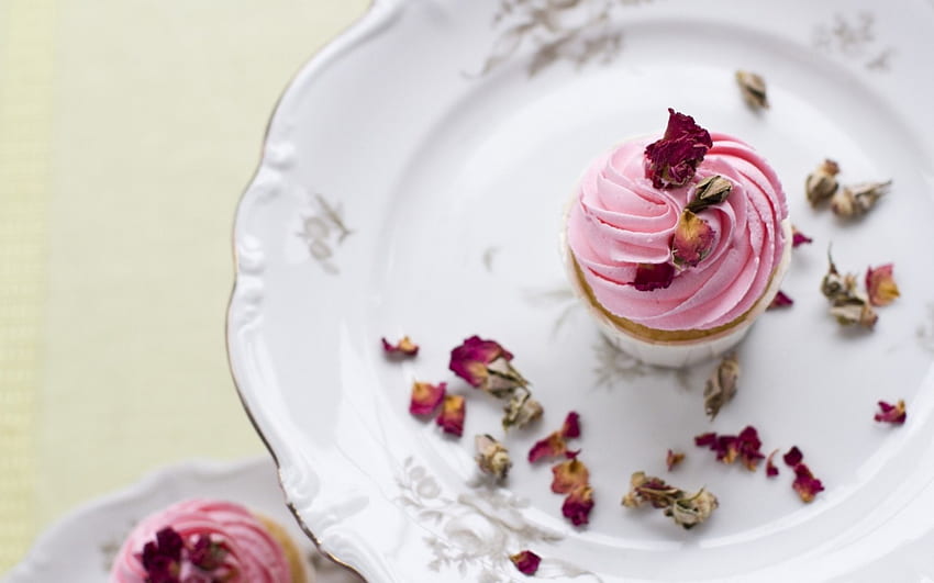 Cupcake, sweet, rose, pink, white, petals, dessert, cream HD wallpaper