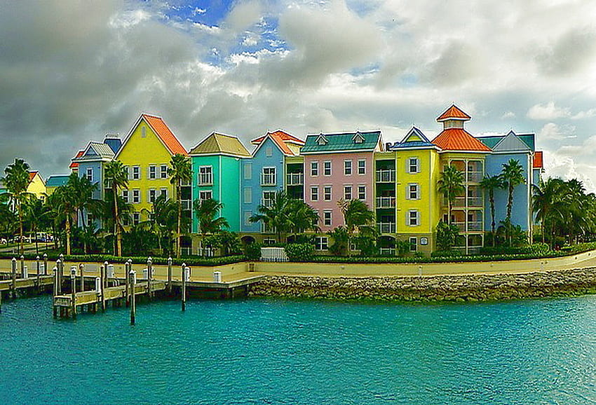 Eigentumswohnungen der Karibik, blau, bunt, Küstenlinie, rosa, grün, gelb, Eigentumswohnungen, Karibik, Ozean HD-Hintergrundbild