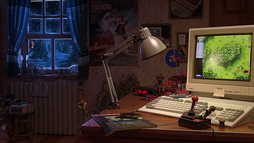 gray CRT computer monitor, Amiga, retro games , window, joystick • For You For & Mobile, Retro Game Room HD wallpaper