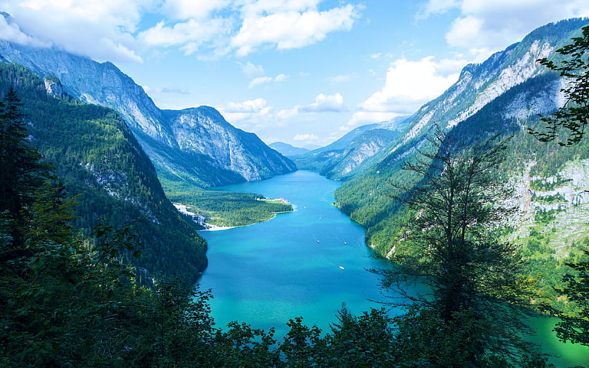 Lago Koenigssee, Alpes Bávaros, nuvens, árvores, céu, montanhas, Alemanha papel de parede HD