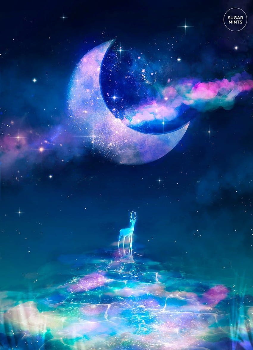Художествен плакат с елен: Фантазия на лунната река, галактически елен HD тапет за телефон