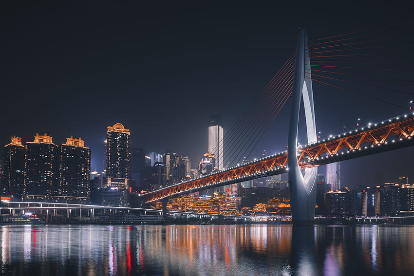 Architettura, Città, Città notturno, Ponte, Controluce, Illuminazione, Cina, Chongqing Sfondo HD