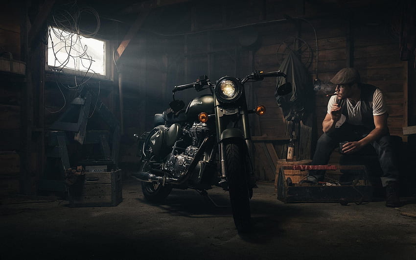 Royal Enfield, garage, bike, motorcycle HD wallpaper