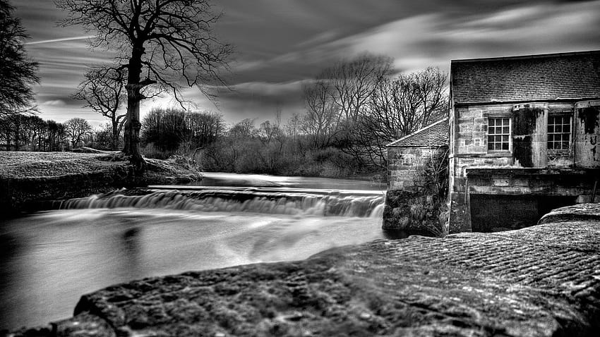 Water black and white landscapes nature dam house HD wallpaper