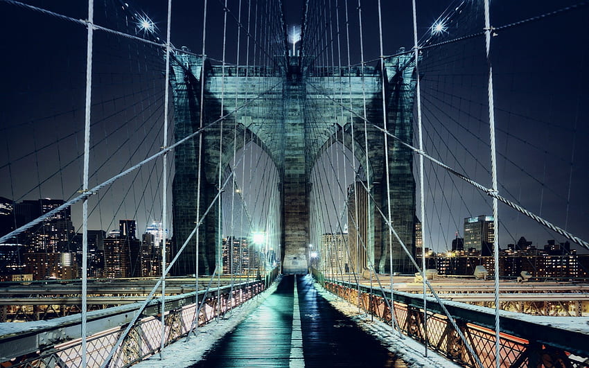 fantastischer Brooklyn Bridge Gehweg, Nacht, Kabel, Lichter, Brücke, Gehweg HD-Hintergrundbild