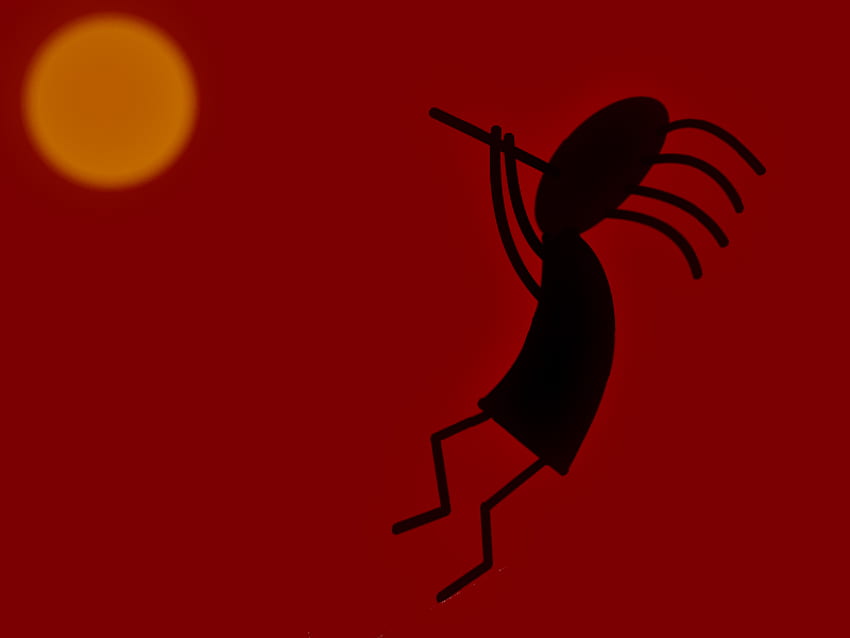 Kokopelli 3, Indianer, schwarz, Flöte, Musik, Mann, rot, orange, Sonne HD-Hintergrundbild