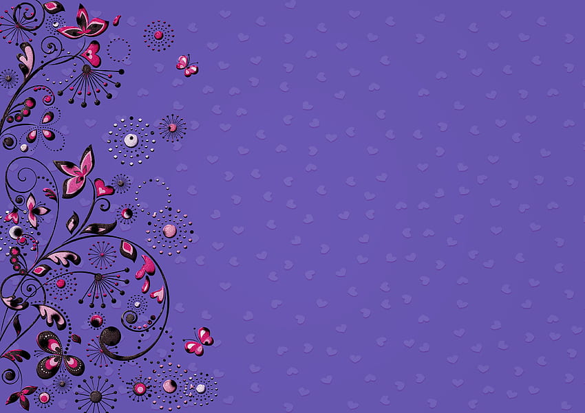 Purple, Butterflies, Flowers, Hearts, Patterns, Vector HD wallpaper